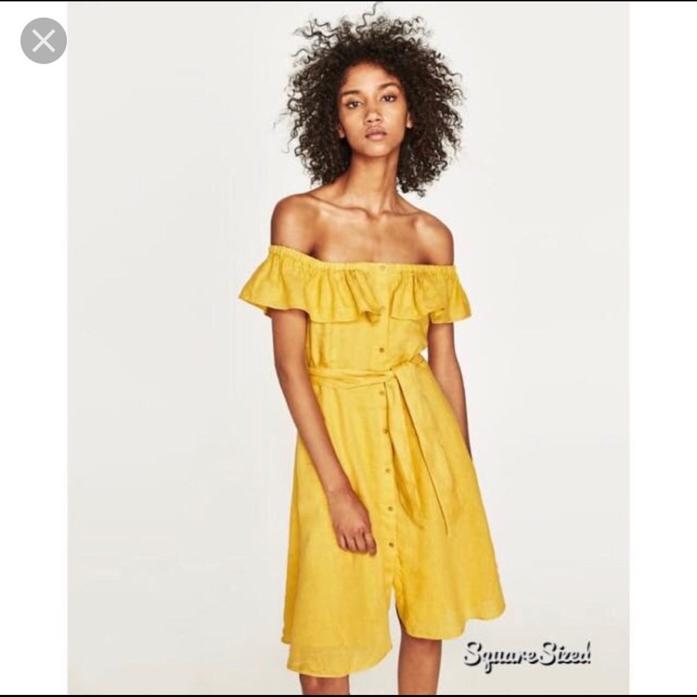 Zara Yellow Off - The -Shoulder Linen Dress
